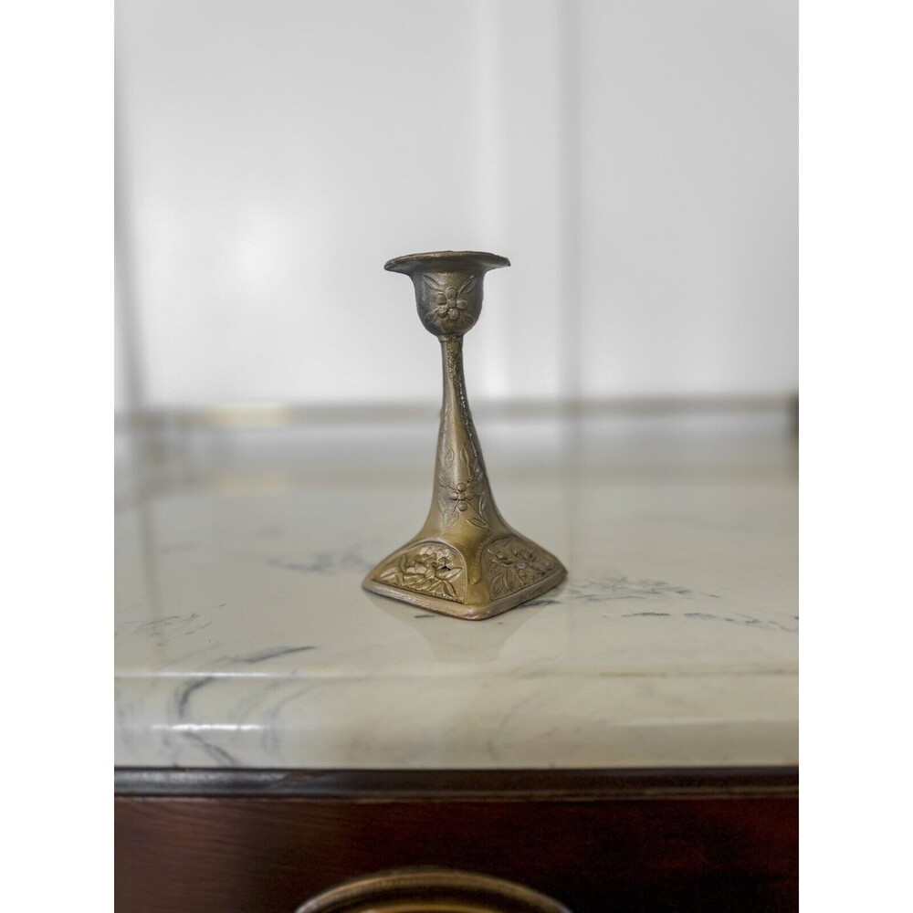 Vintage Italian Candlesticks Antique Brass Ornate Footed Base with Floral Detail